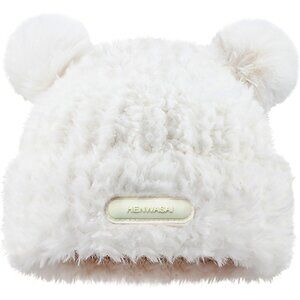 Women's White Furry Beanie with Pom Pom Winter Warm Knitted Hat Bear Costume